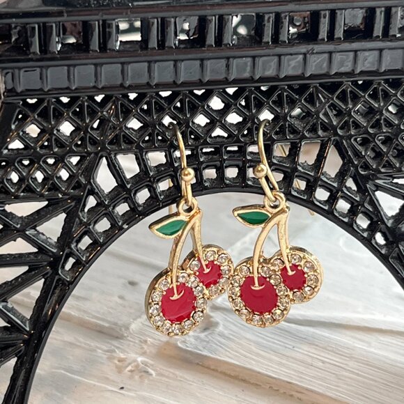 Vintage Cherry Pierced Earrings, Rhinestone embellished, fish hooks, red , - Picture 3 of 7